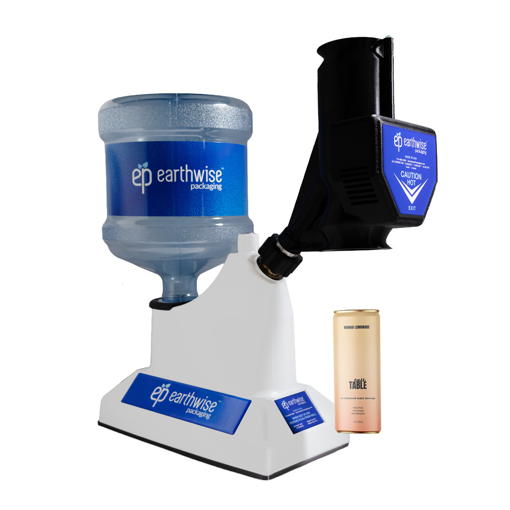 SST shrink sleeve machine with beverage can steam head attachment applying a shrink sleeve label to a can